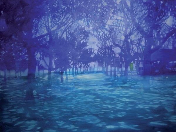 Enrico Ingenito, Paesaggio su fondo blu, 2012, olio su tela, cm. 140x150