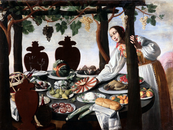 Pittore fiorentino della metà del '600, Donna che imbandisce tavola, olio su tela, 132 x 174 cm. Collezione privata 