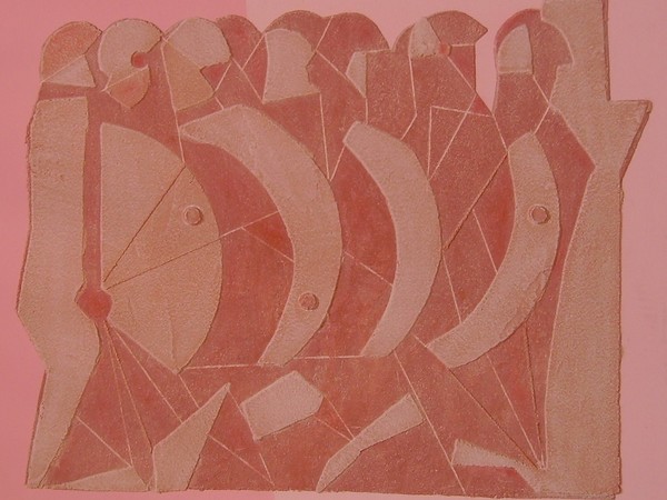 Luciano Nenzioni, Cavalieri, 1975, cemento e acrilico su cartone, cm 47x58