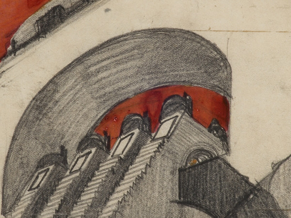 Antonio Sant'Elia, Edificio industriale con torre angolare (1913). Matita nera pastello grigio e acquarello rosso su carta (273 x 415mm)