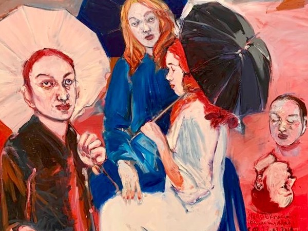 Carlos Quintana, Tre ombrelli, 2018. Olio su tela, cm. 150x182