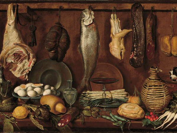 Jacopo Chimenti, detto l'Empoli (Firenze 1551-1640), Dispensa con pesce, carne, uova sode e fiasca di vino, 1625 circa, olio su tela.