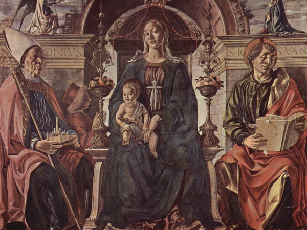 Pala dei Mercanti - Madonna in trono col Bambino coi Santi Petronio, Giovanni Evangelista e il committente Alberto Cattanei