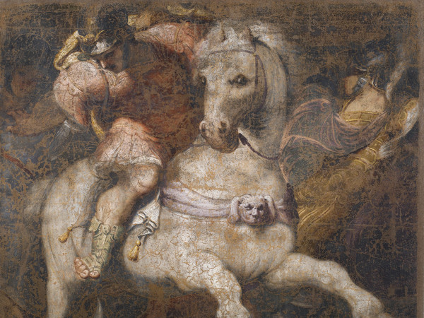 Lattanzio Gambara, Marco Curzio si getta nella voragine, 1555-1557 circa, Affresco (strappo), 205 × 236 cm, Brescia, Pinacoteca Tosio Martinengo