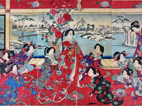 Yoshu Chinkanobu (1838 - 1912), Passatempi di beltà femminili in un giorno nevoso, Trittico di xilografie policrome in formato oban, 705 x 355 mm, Firmato Il pennello di Yoshu Chikanobu