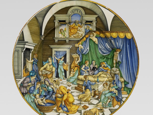 Piatto, La Nascita di san Giovanni Battista, Urbino o Casteldurante, 1530-1545. Collezione privata