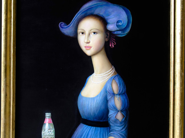 Alfonso Rocchi, Nobildonna in blu con coca cola, olio su tavola, cm. 49,3x55,7