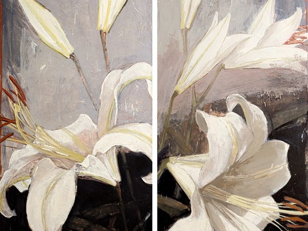 Tatyana Yang, Gigli, 2024, olio su tela, cm. 150х65 (ciascuno)