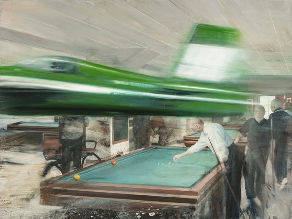 Nicola Pucci, Sala biliardo, 2016, olio su tela, 140x170 cm.