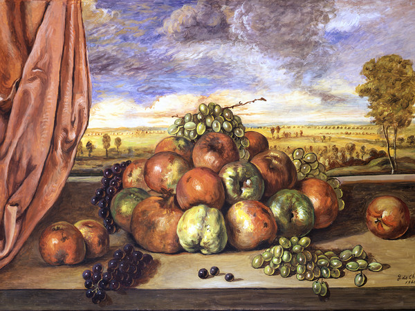 Giorgio de Chirico, <em>Natura morta, frutta nel paesaggio con tenda rossa,</em> Olio su tela, 1946