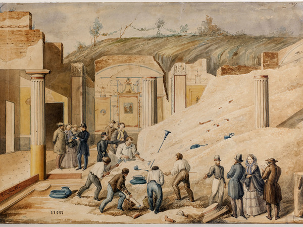 Luigi Capaldo, Scavo archeologico a Pompei, 1860 ca., disegno su carta vergata china e acquarello, 31,5x45,4 cm. Museo Nazionale San Martino, Napoli