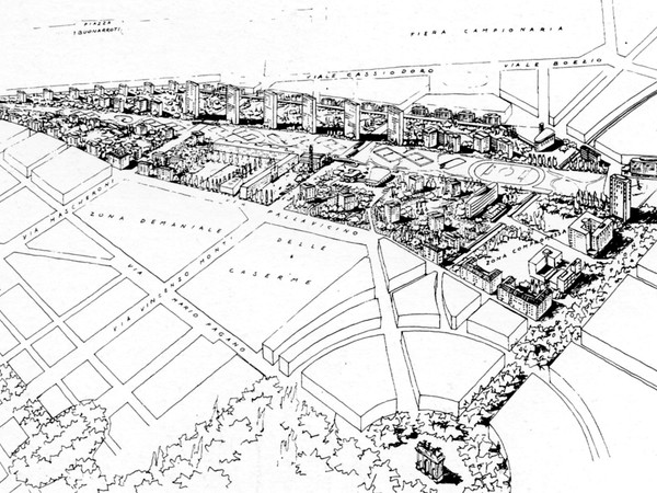 Progetto urbanistico per la sistemazione dellʼex scalo Sempione detto Fiume Verde, Milano 1948. Planivolumetria, matita e china su carta da lucido, cm. 65×61