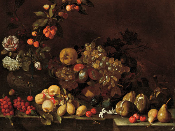 Luca Forte (Napoli 1605 circa - 1660 circa), Natura morta di frutta e fiori, 1640-1650 circa, olio su tela.