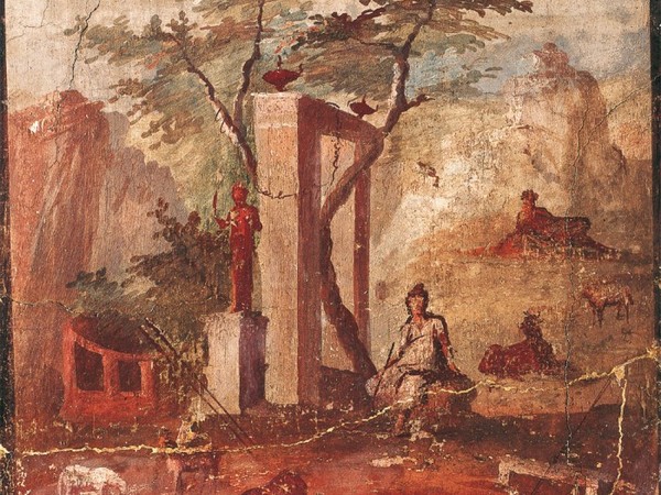 Affresco con paesaggio mitologico di gusto idilliaco, Paride pastore, intonaco affrescato, da Pompei. Napoli, Museo Archeologico Nazionale Su concessione del Ministero dei beni e delle attività culturali e del turismo: Museo Archeologico Nazionale, Napoli