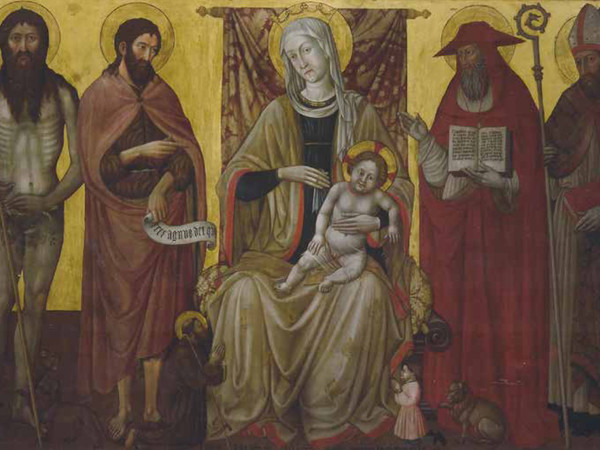 Giovanni Antonio da Pesaro, Madonna con il bambino, e i santi Onofrio, Giovanni Battista, Gerolamo, un santo vescovo e Sant'Aiuto inginocchiato, 1473
