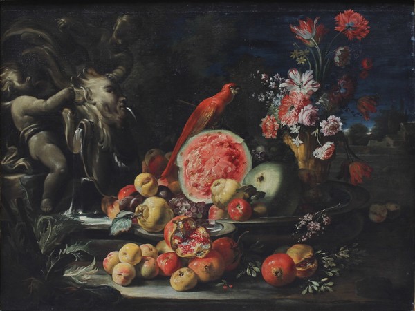 Abraham Brueghel, Natura morta di fiori, frutta e pappagallo. Olio su tela, cm. 127x176; con cornice cm. 153x202<br /> <br />