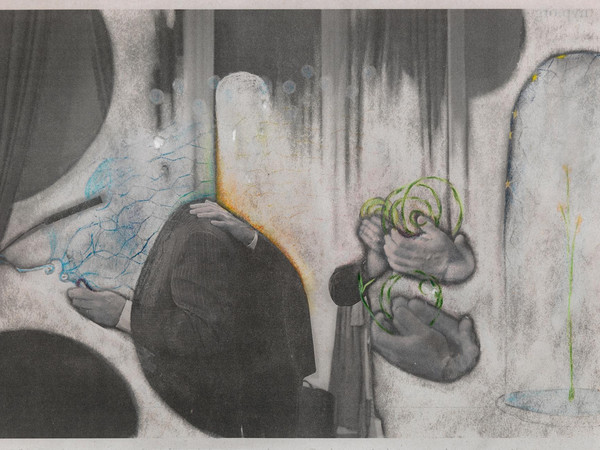 Christian Holstad, Entranced, 2021, grafite e matita colorata su carta da giornale, 16.5x24.5 cm. Courtesy Victoria Miro Venezia