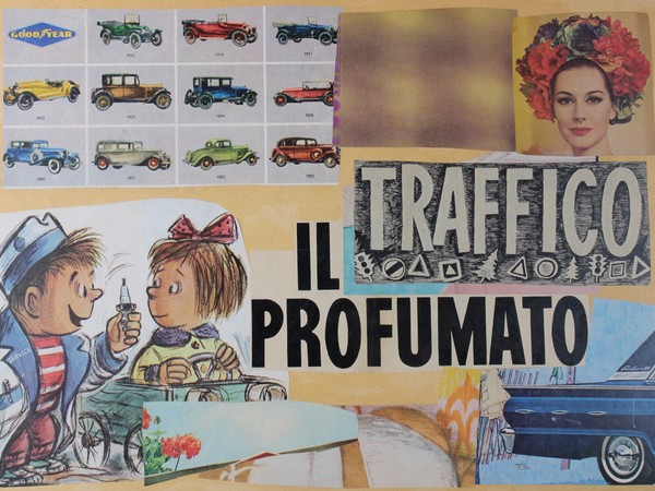 Lamberto Pignotti, Il traffico profumato, 1964, collage su cartoncino, 50x35 cm.