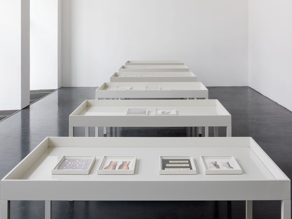 Marta Riniker-Radich, <em>No Grace Period</em>, 2021. 30 colored pencil and pencil on paper; inkjet print and various materials on paper, all 21 x 29,7 cm, wooden frames, 7 vitrines 100 x 170 x 92 cm, plexiglass I Ph. Giulio Boem