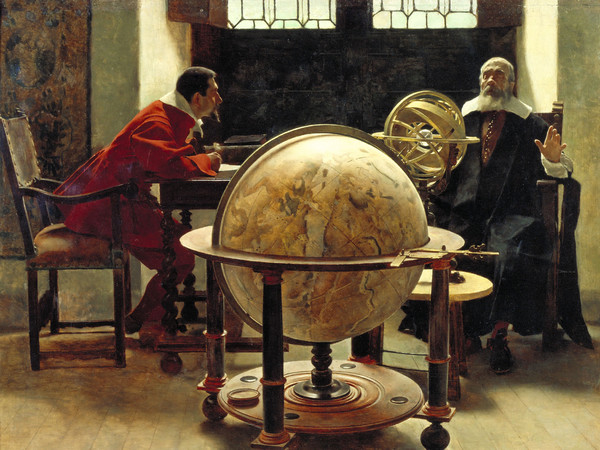 Museo Galileo: Tito Lessi, Galileo e Viviani, olio su tavola, 1892. Il dipinto presenta Galileo vecchio con Vincenzo Viviani. Quest'ultimo fu assistente del Maestro dal 1639 fino alla morte (1642), confinato, dopo la condanna del 1633, nella villa Il Gioiello ad Arcetri | © Museo Galileo, Firenze