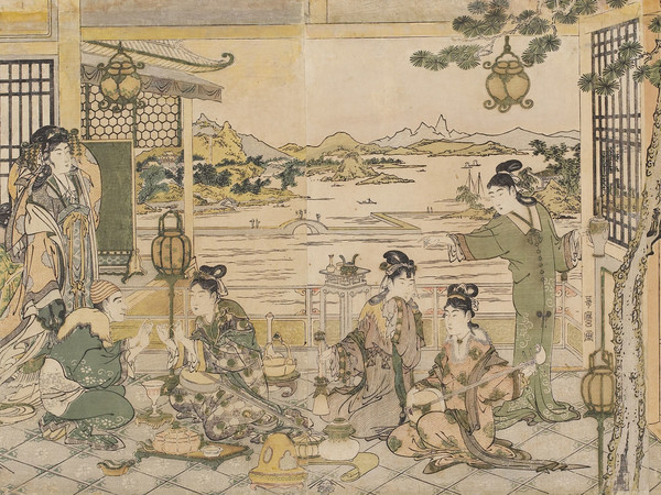 Kitagawa Utamaro, Beltà cinesi a un banchetto, 1788-1790 circa, Silografia policroma, 38.2 x 75.8 cm, Honolulu Museum of Art | Courtesy of Palazzo Reale, Milano 2016