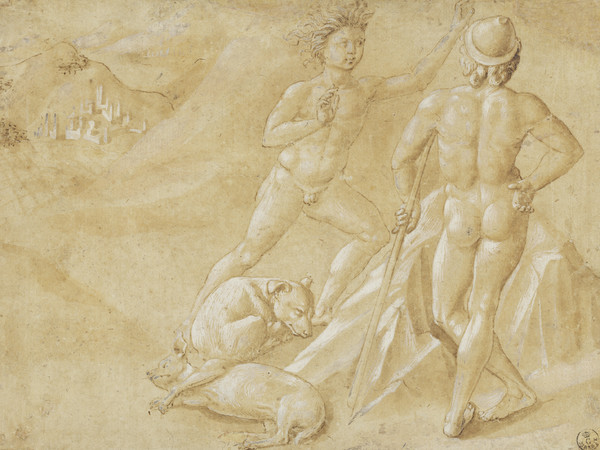 Benozzo Gozzoli, Due nudi maschili e due cani che dormono, 1459 circa, Penna e inchiostro marrone, acquerello marroncino, biacca su carta filigranata tinta di rosso, Firenze, Gabinetto Disegni e Stampe degli Uffizi