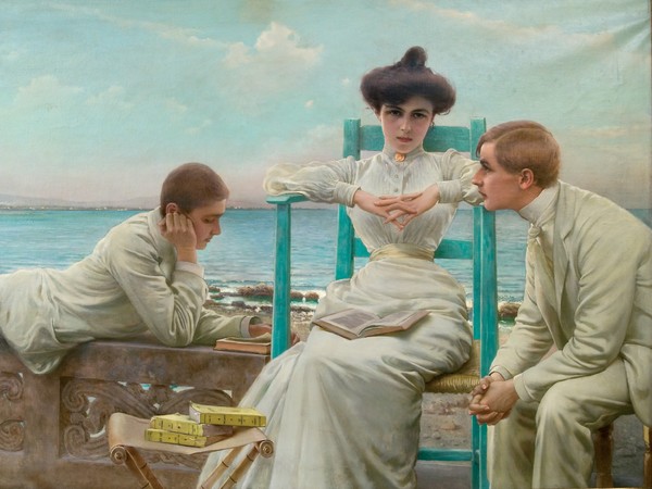 Vittorio Matteo Corcos, Lettura sul mare, 1910, Olio su tela, 250 x 152 cm, Collezione privata