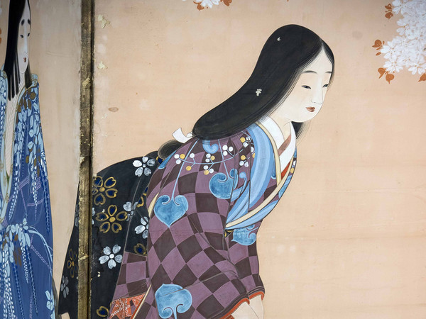 Beltà femminili (Particolare), Paravento a 6 ante dipinto a inchiostro e colori su carta, 173 x 372 cm, Periodo Taisho (1912-1926)