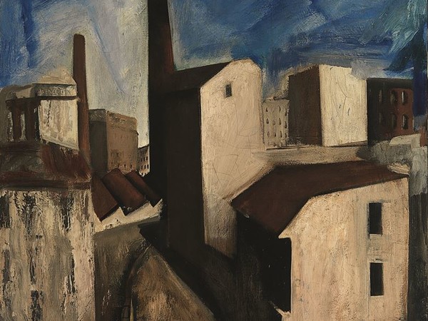 Mario Sironi,<em> Paesaggio urbano</em>, 1927 ca.<em><strong>, </strong></em>olio su carta intelata, 52 x 54,5 cm. Collezione privata<br />