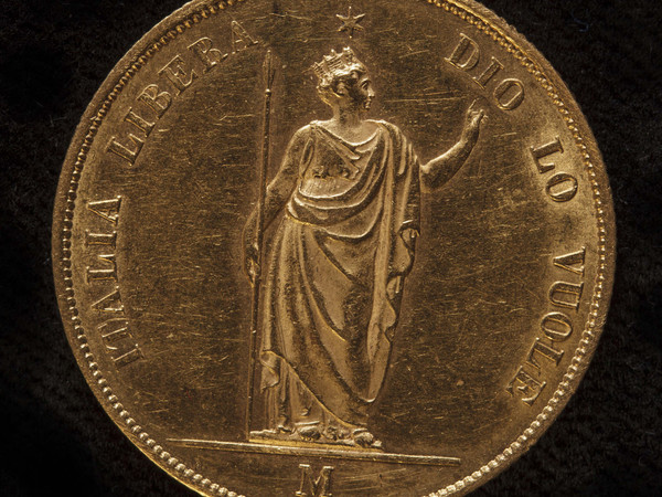 Governo Provvisorio della Lombardia, 40 lire oro, 1848; dritto con il motto “Italia libera Dio lo vuole”. Collezione privata