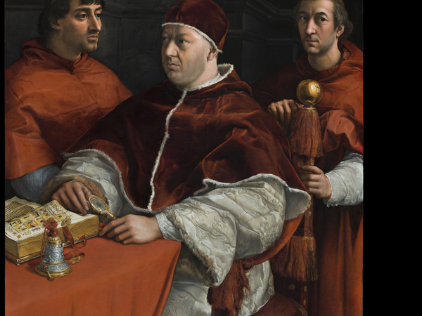 Santi Raffaello, detto Raffaello Sanzio, Ritratto di Leone X con i cardinali Luigi de’ Rossi e Giulio de’ Medici, olio su tavola. Gallerie degli Uffizi, Galleria Palatina ed Appartamenti Reali Inv. 40, Palatina (1912)