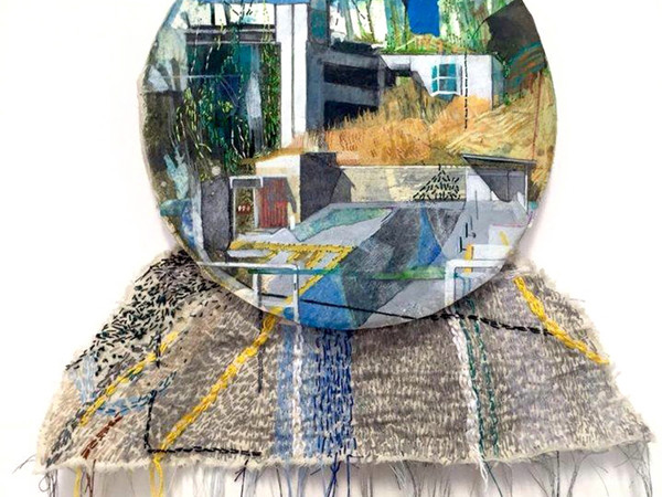 Anna Capolupo, Olivetti's Dream 3, 2016, tecnica mista su carta intelaiata e ricamo su tela, cm. 21x70