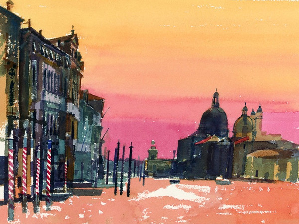 Geoffrey Humphries, Sunset, Salute from Accademia, 2010, Acquerello su carta, 37 x 27 cm | Courtesy of the Artist and The Osborne Studio Gallery, London