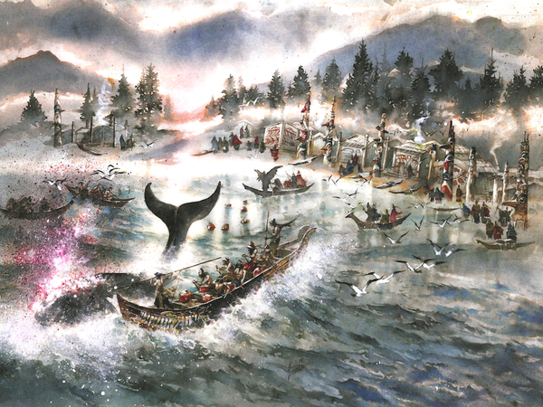 Sergio Tisselli, Caccia alla balena: indiani Nootka, costa del Pacifico, 2010. Acquerello su cartone, cm. 74x52