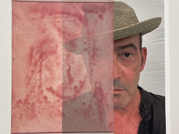 Pietro Costa, John, 2021, cm. 61x61. Sangue del soggetto su mylar e stampa fotografica su mylar