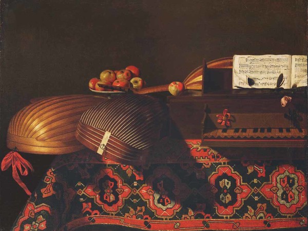 Evaristo Baschenis, Natura morta con strumenti musicali, 1665-1670 ca., olio su tela, 79x98 cm. Collezione privata 