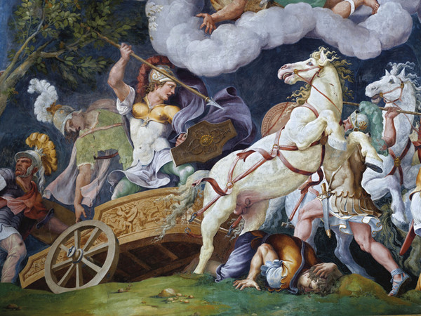 Giulio Romano e bottega, Diomede combatte contro i fratelli Ideo e Fegeo, Mantova, Complesso Museale Palazzo Ducale, Sala di Troia