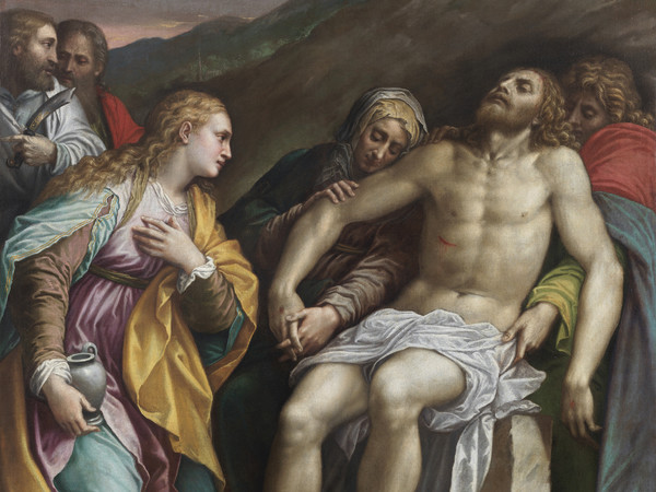 Lattanzio Gambara, Compianto su Cristo morto con i Santi Bartolomeo e Paolo (?), 1570-1574 circa, Olio su tela, 185 × 139 cm, Brescia, Pinacoteca Tosio Martinengo, Provenienza: Brescia, San Bartolomeo, fino al 1797 circa; Vienna, Dorotheum, 10 novembre 2020