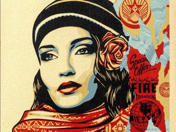 Shepard Fairey aka Obey, Fire Sale, serigrafia su legno, cm. 40x61