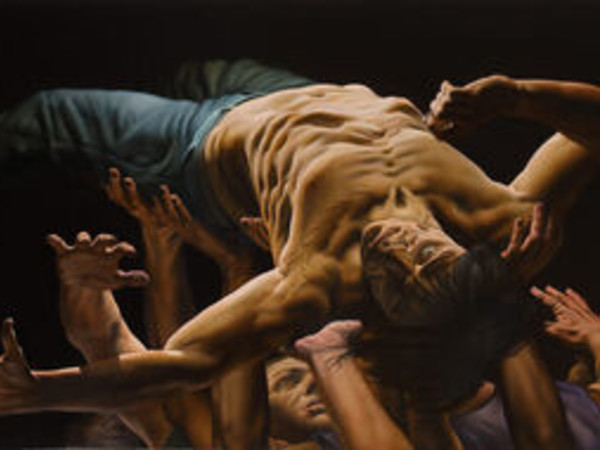 Nicola Verlato, Iggy Pop inventa lo stage diving, 2023, olio su tela, cm. 72x172 