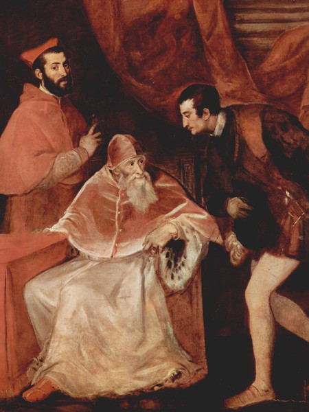 Tiziano Vecellio (1490 - 1576), Ritratto di papa Paolo III con i nipoti Alessandro ed Ottavio Farnese, 1546, Olio su tela, 210 x 176 cm, Napoli, Museo e Real Bosco di Capodimonte