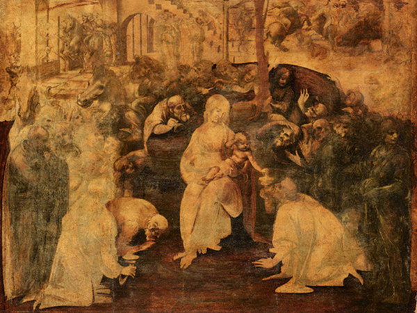 Leonardo Da Vinci, Adorazione dei Magi (1481-1482), olio su tavola 246x243 cm, ©2012 Haltadefinizione® Image Banck su concessione del Ministero dei Beni e delle Attività Culturali e del Turismo - Soprintendenza Speciale per il Patrimonio Storico, Artistico ed Etnoantropologico e per il Polo Museale della città di Firenze.