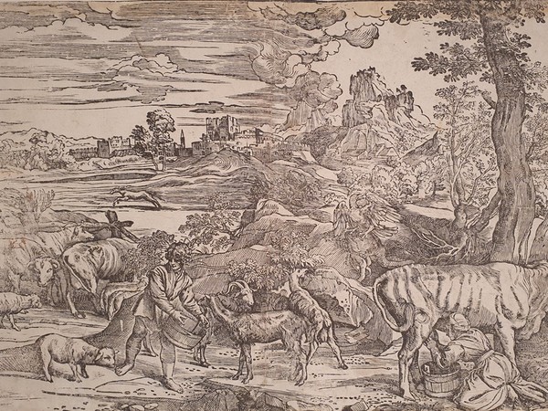 Niccolò Boldrini (attr. a) da Tiziano Vecellio, Paesaggio con mungitrice e un’aquila, xilografia in un unico blocco, 1525-30 