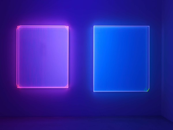 Regine Schumann, 2023, colormirror transparent rainbow pink orange 4 corners milan, acrylic glass, fluorescent, 130 x110 x10 cm - 2023 Colormirror transparent green, acrylic glass, fluorescent, 130x110x10 cm.