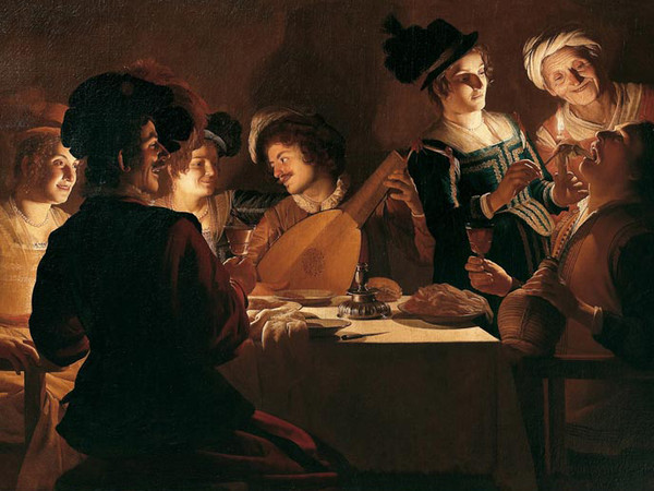 Gerrit van Honthorst, detto Gherardo delle Notti, Cena con Suonatore di Liuto, olio su tela. Firenze, Galleria degli Uffizi.