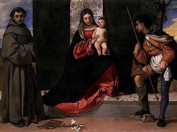 Tiziano, Madonna col Bambino tra i santi Antonio da Padova e Rocco. Olio su tela, 92×133 cm., 1510 ca. <span>Madrid, Museo del Prado</span>