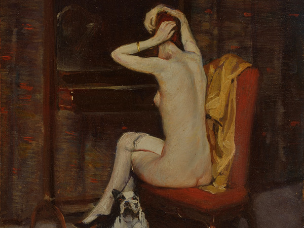Lino Selvatico, Bozzetto (col cane), 1920 ca, Olio e tempera su tavola, 31 x 24 cm, Collezione privata | 