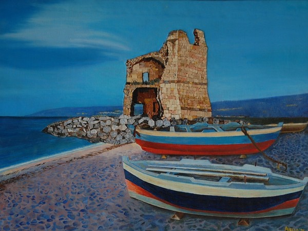 Enzo Aiello, La Rocchetta, 1999, tecnica mista su tavola, 60x80 cm.