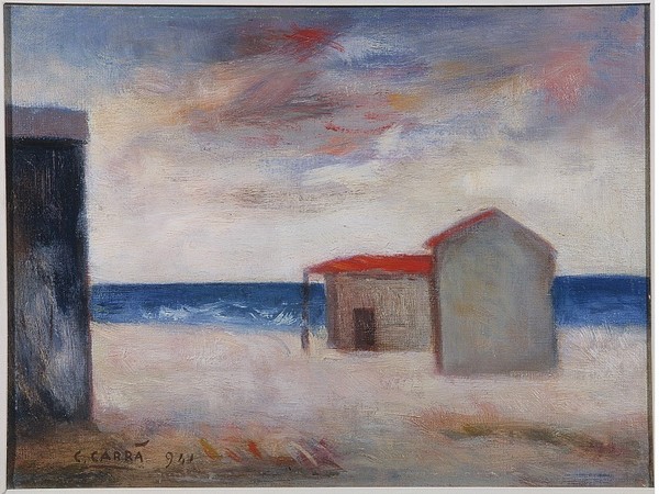 <span>Carlo Carrà, <em>Capanni al mare</em>, 1941, olio su tela. Musei Civici Fiorentini, Collezioni del Novecento, Raccolta Alberto Della Ragione</span>