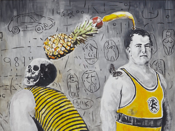 Andrea Saltini, <em>SE MI TIRI GIÙ NON RIUSCIRÒ</em>, 2017, Tecnica mista su tela, 180 x 220 cm | Courtesy of Andrea Saltini e Fondazione Maimeri<br />